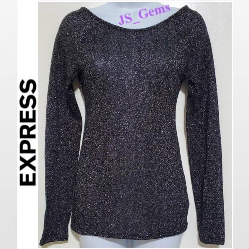 Express Long Sleeve Top Small Black & Silver Metallic